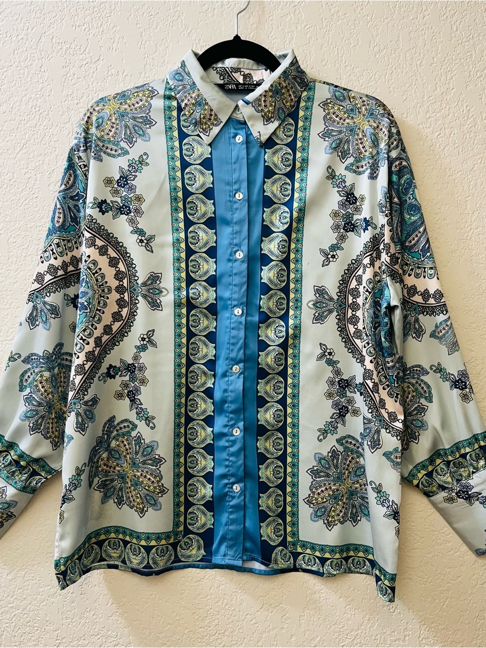 Zara Paisley Button-Down Shirt - Teal, Turquoise, Cream